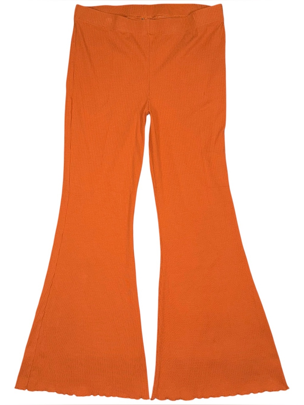 Orange Ribbed Flare Pull On Pants Sz L Lettuce Hem Stretch Knit 70s Retro Hippie